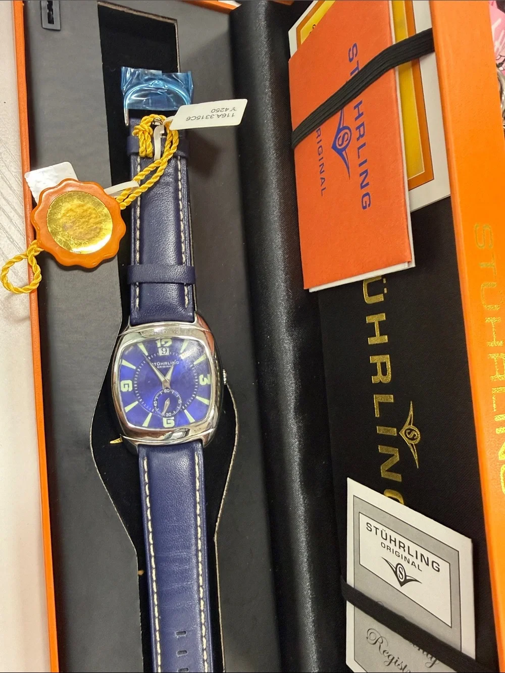 Stuhrling Original Men's Blue Dial Leather Strap Watch